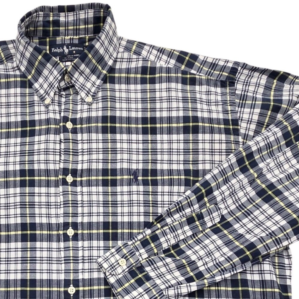 Vintage 90s Ralph Lauren Blaire Mens XL Plaid Button Down Shirt Navy Blue Cotton